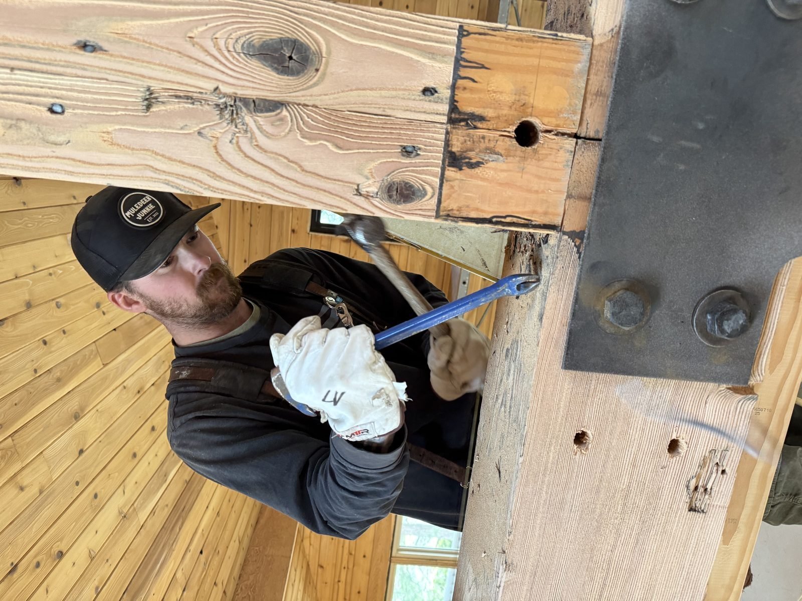 Timber beam installation during structural repair in Verdi, NV by RCV Construction